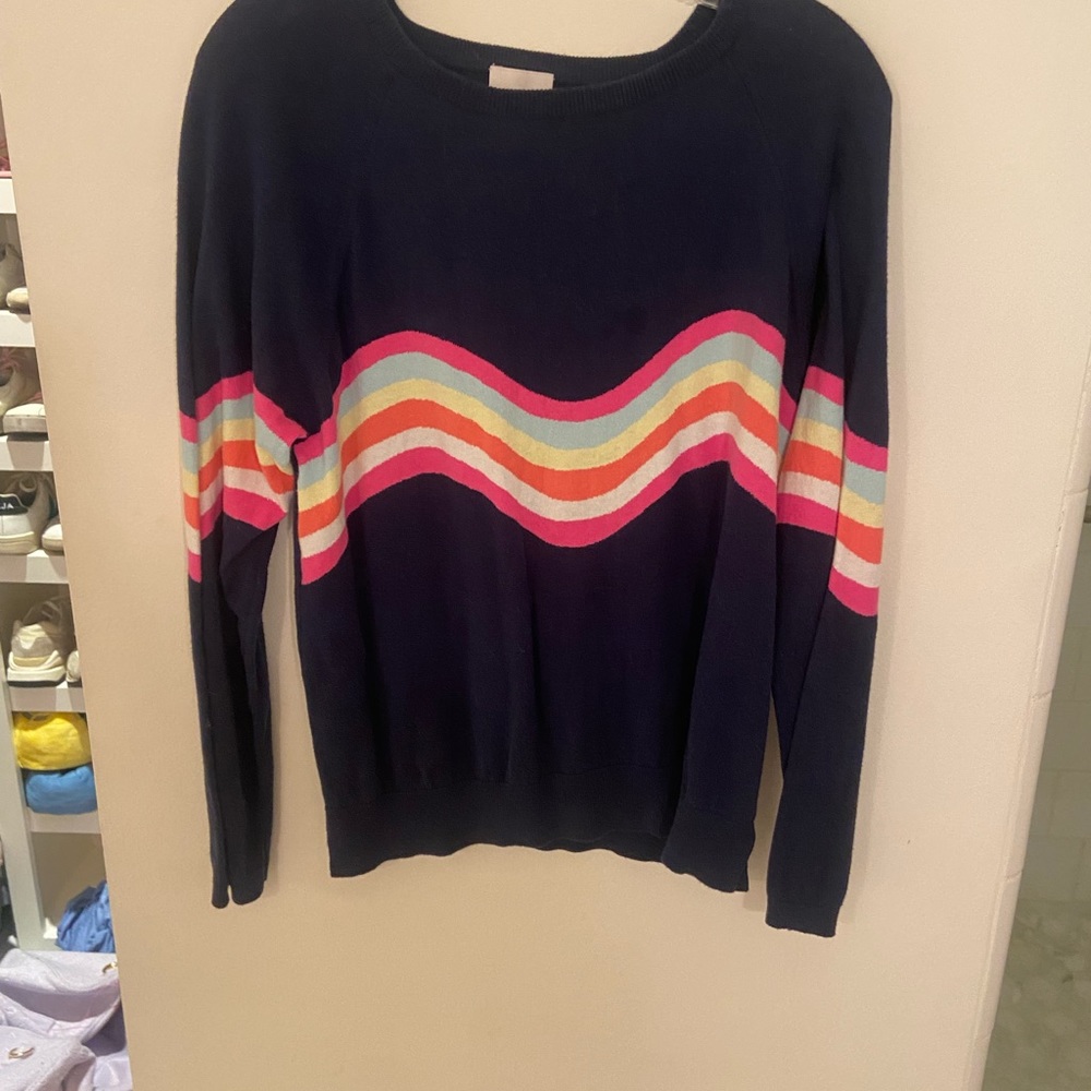 Navy cashmere sweater with rainbow stripe